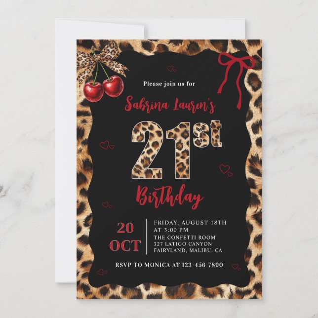 Leopard Cheetah Cherry 21st Birthday Invitation (Front)