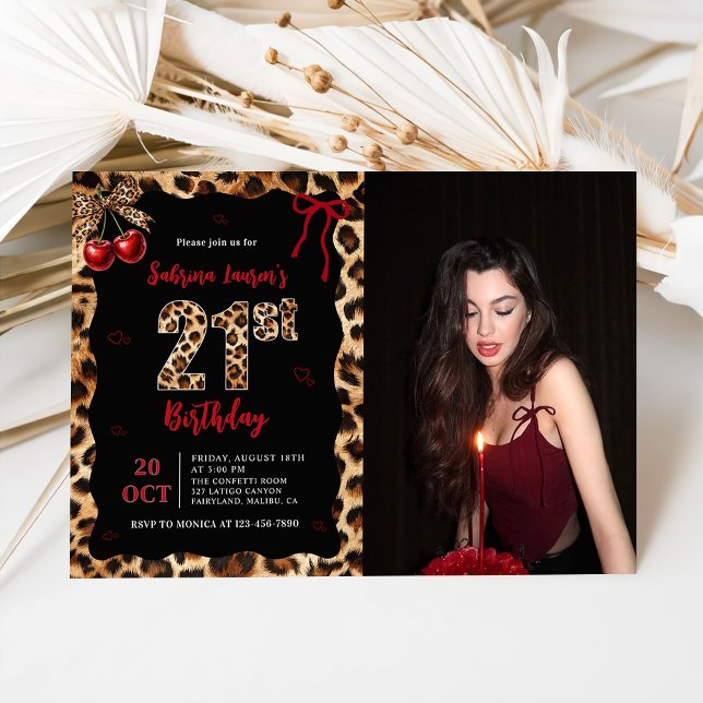 Leopard Cheetah Cherry 21st Birthday Photo Invitation (Creator Uploaded)