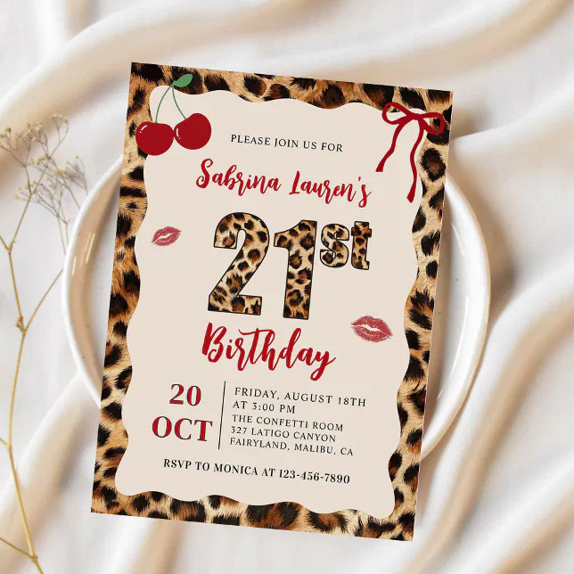 Leopard Cheetah Cherry Birthday Invitation | Zazzle