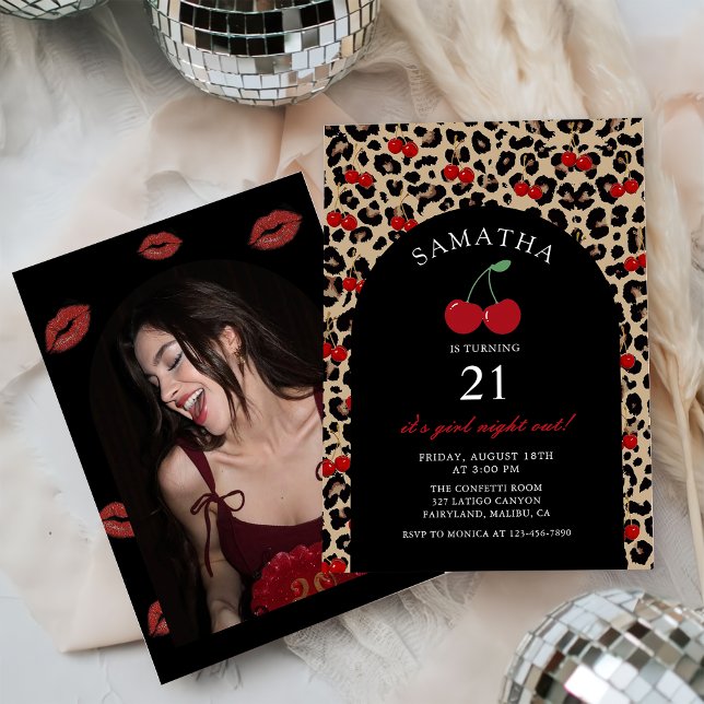 Leopard Cheetah Cherry Birthday Photo Invitation (Creator Uploaded)
