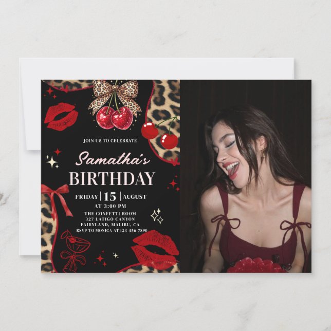 Leopard Cheetah Coquette Cherry Birthday Photo Invitation (Front)