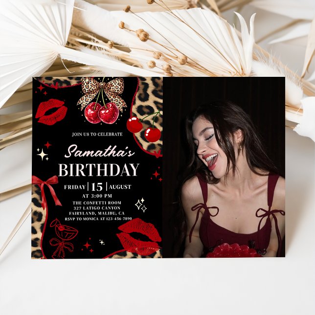 Leopard Cheetah Coquette Cherry Birthday Photo Invitation (Creator Uploaded)