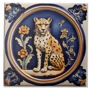 Leopard Cheetah & Flowers Dark Blue Antique Ceramic Tile