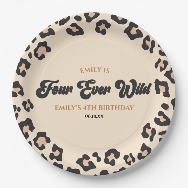 Leopard Cheetah Four Ever Wild 4th Birthday Party Paper Plates (Front)