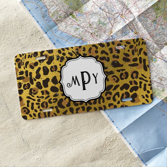 Leopard Cheetah Gold Metallic Glitter Monogram License Plate (In Situ)
