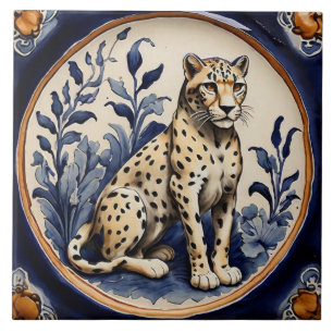 Leopard Cheetah Navy Blue Antique Vintage Ceramic Tile