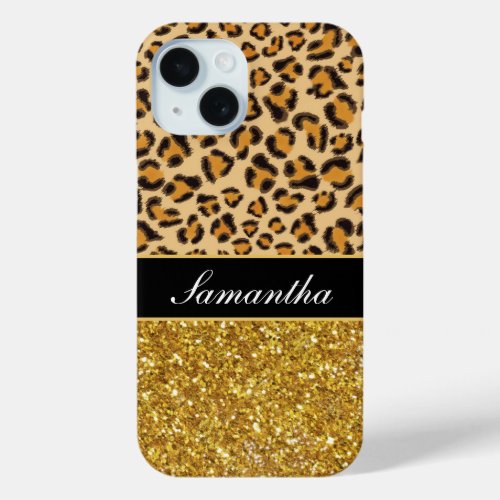 Leopard cheetah pattern gold glitter iPhone 15 case