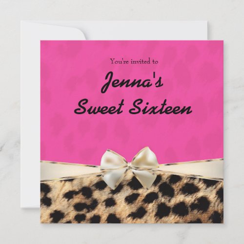 Leopard Cheetah Pink Bow Birthday Party Invitation