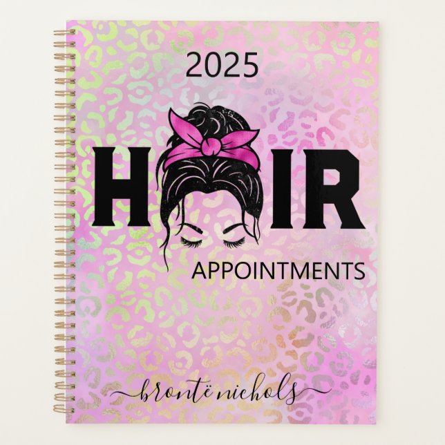 Leopard Cheetah Pink Hair Stylist Messy Bun Planner (Front)
