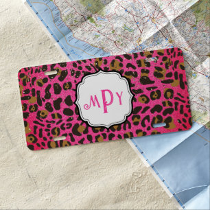 Leopard Cheetah Pink Metallic Glitter Monogram License Plate