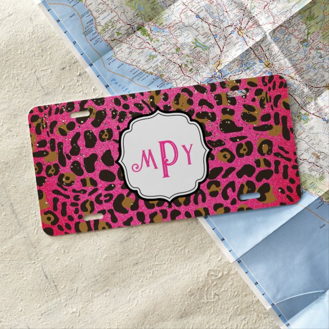Leopard Cheetah Pink Metallic Glitter Monogram License Plate (In Situ)