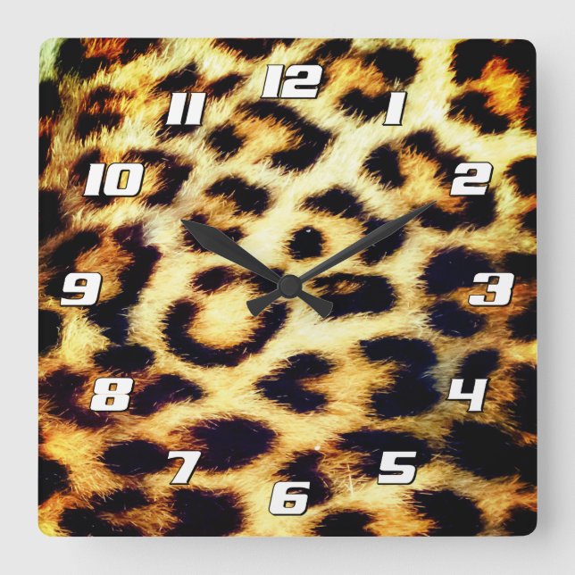 Leopard Cheetah Print Faux Fur with Numbers Square Wall Clock (Front)