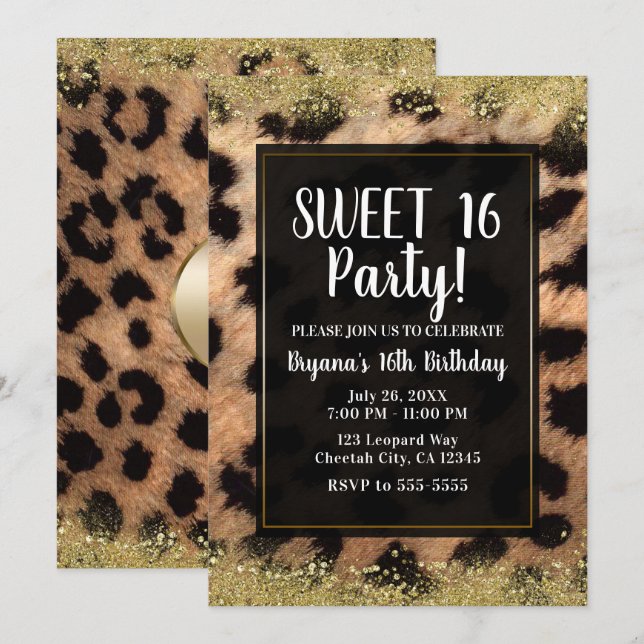 Leopard Cheetah Print Gold Glitter Birthday Party Invitation (Front/Back)