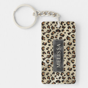 Leopard Cheetah Print With Black Faux Foil Texture Keychain