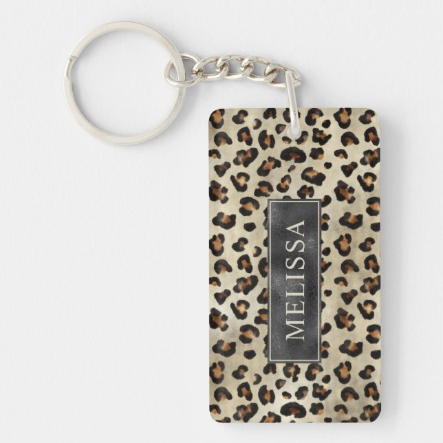 Leopard Cheetah Print With Black Faux Foil Texture Keychain (Front)