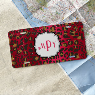 Leopard Cheetah Red Metallic Glitter Monogram License Plate