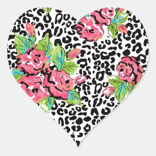 Leopard Cheetah Rose Floral Pattern Heart Sticker
