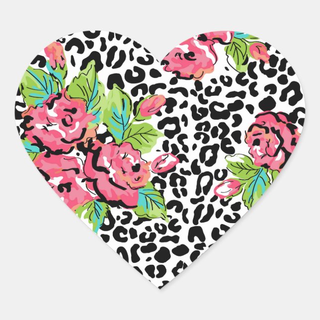 Leopard Cheetah Rose Floral Pattern Heart Sticker (Front)
