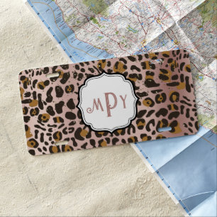 Leopard Cheetah Rose Gold Glitter Monogram License Plate