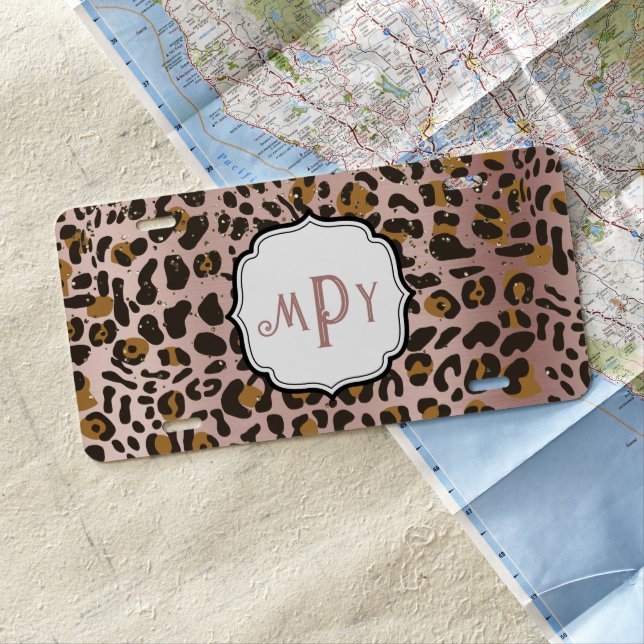 Leopard Cheetah Rose Gold Glitter Monogram License Plate (In Situ)