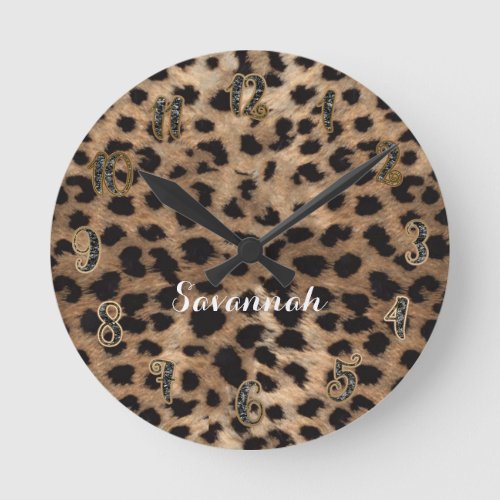 Leopard Cheetah Tan Brown Black Personalized Round Clock