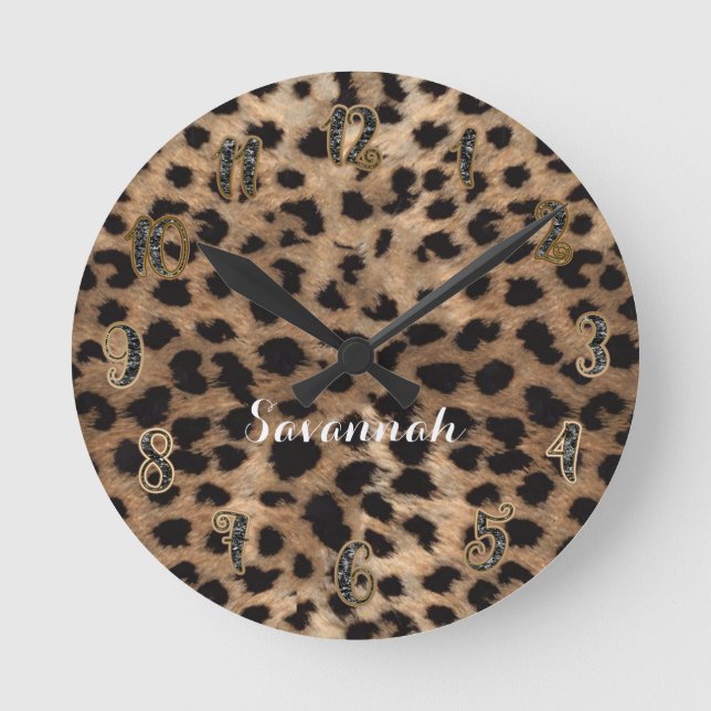 Leopard Cheetah Tan Brown Black Personalized Round Clock (Front)