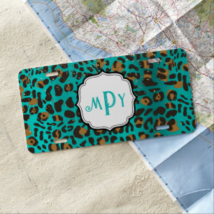 Leopard Cheetah Teal Metallic Glitter Monogram License Plate