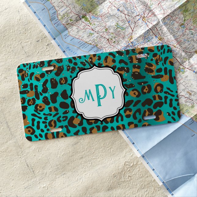Leopard Cheetah Teal Metallic Glitter Monogram License Plate (In Situ)