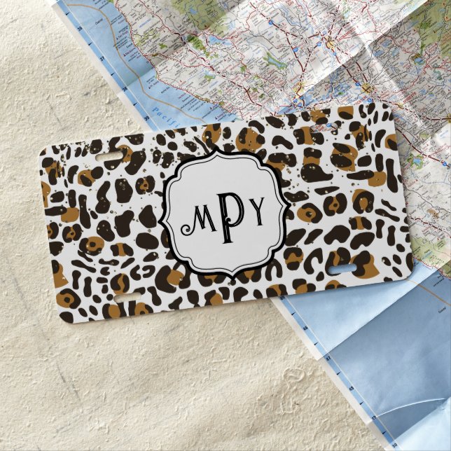 Leopard Cheetah White Metallic Glitter Monogram License Plate (In Situ)