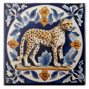 Leopard Cheetah Wild Animal Jungle Cat Dark Blue Ceramic Tile