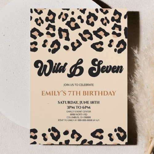 Leopard Cheetah Wild  Seven 7th Birthday Party Invitation