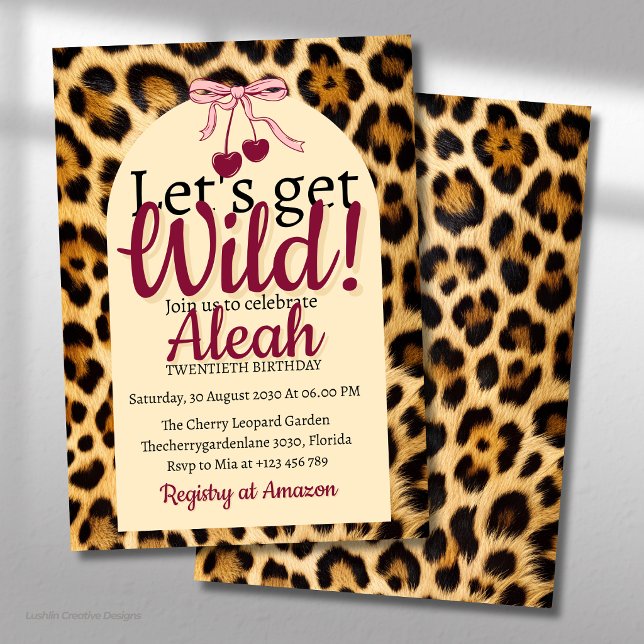 Leopard Cherry Pink Bow Birthday Cute & Glam Invitation (Creator Uploaded)