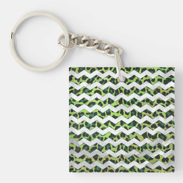 Leopard Chevron Black and Green Print Keychain (Front)