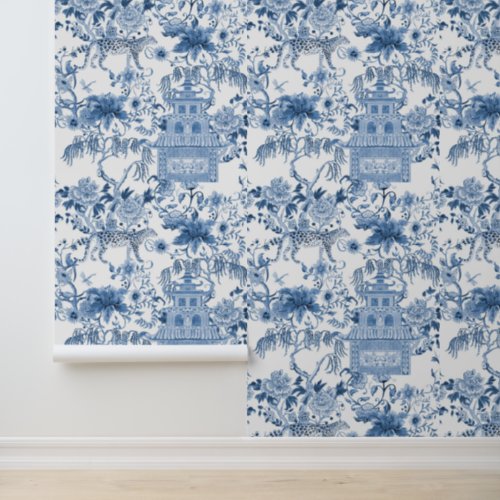 Leopard Chinoiserie Pagoda Willow Blue and White Wallpaper