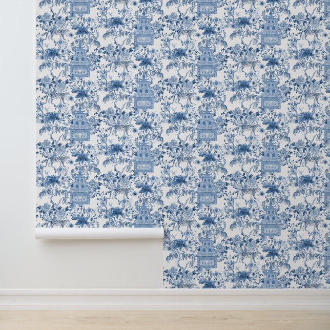 Leopard Chinoiserie Pagoda Willow Blue and White Wallpaper (Application)