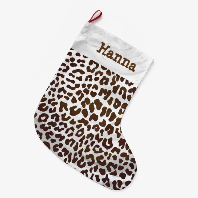 Leopard Chocolate Print Large Christmas Stocking (Front (Hanging))