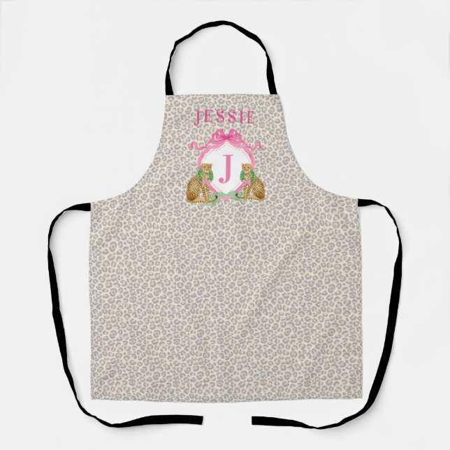 Leopard Christmas Crest Monogram With Name Apron (Front)