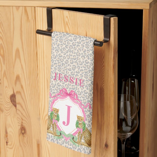 Leopard Christmas Crest Monogram With Name Kitchen Towel (Thirds Fold)