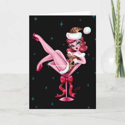 Leopard Christmas Martini Girl Holiday Card