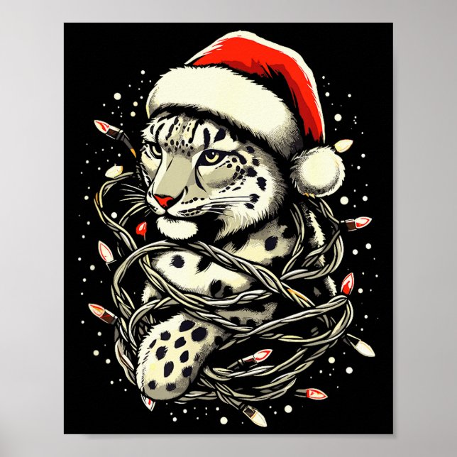 Leopard Christmas Santa Hat Christmas Lights Women Poster (Front)