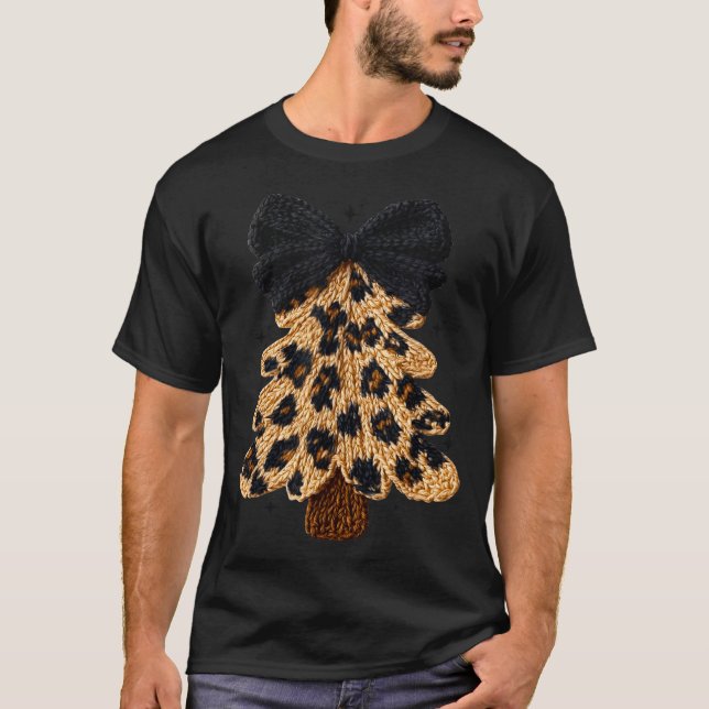 Leopard Christmas Tree,christmas Coquette Bow Yarn T-Shirt (Front)
