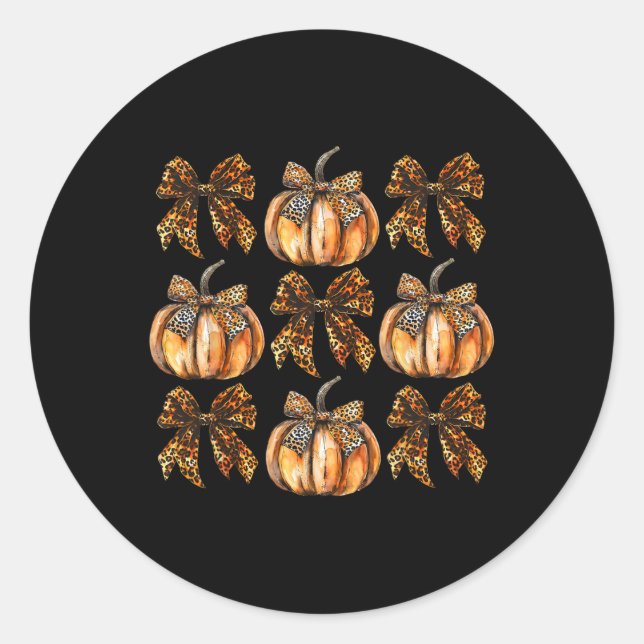 Leopard Coquette Bow Pumpkin Thanksgiving Autumn F Classic Round Sticker (Front)