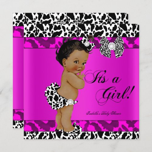 Leopard Cow Hot Pink Girl Baby Shower Ethnic Invitation