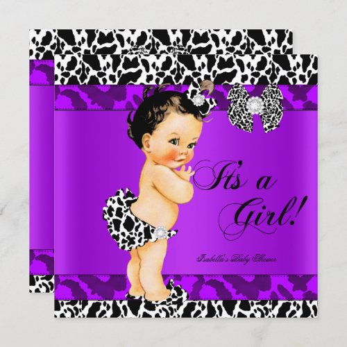 Leopard Cow Purple Girl Baby Shower Brunette Baby Invitation