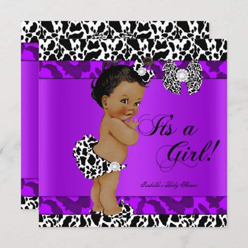 Leopard Cow Purple Girl Baby Shower Ethnic Invitation