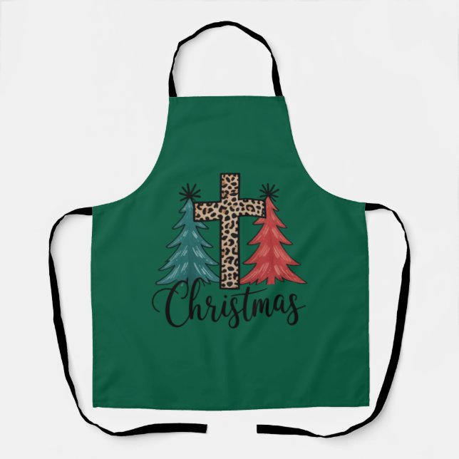 Leopard Cross Christmas Trees Christian  Apron (Front)