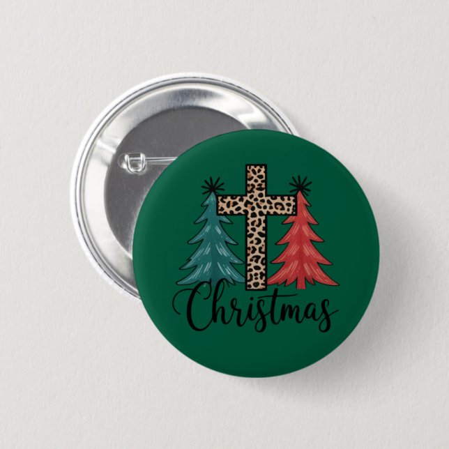 Leopard Cross Christmas Trees Christian  Button (Front & Back)