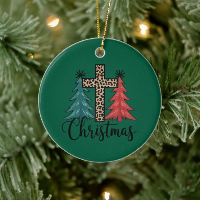 Leopard Cross Christmas Trees Christian  Ceramic Ornament (Tree)