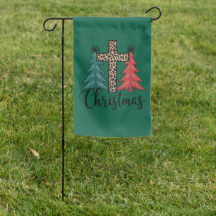 Leopard Cross Christmas Trees Christian  Garden Flag