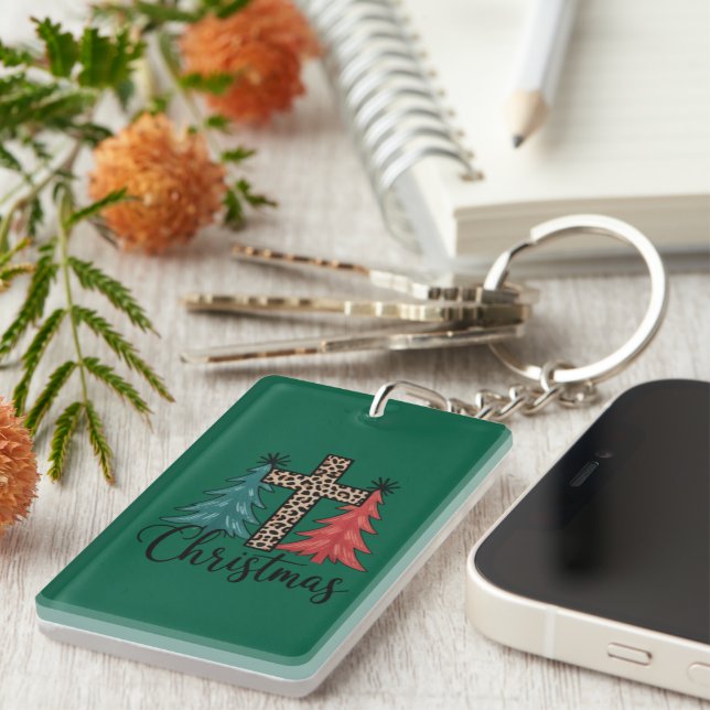 Leopard Cross Christmas Trees Christian  Keychain (Front Right)